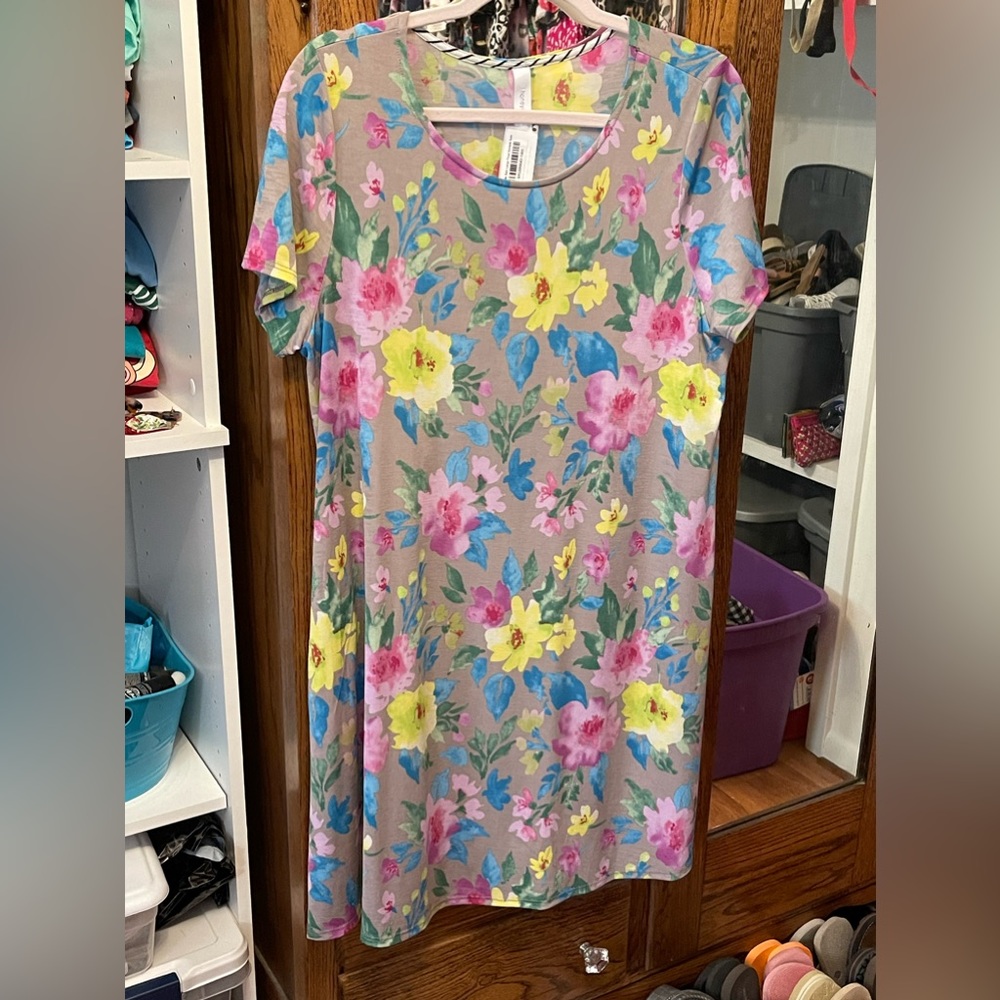 Honeyme Floral Mini Dress in Taupe with Yellow, Pink & Blue Flowers